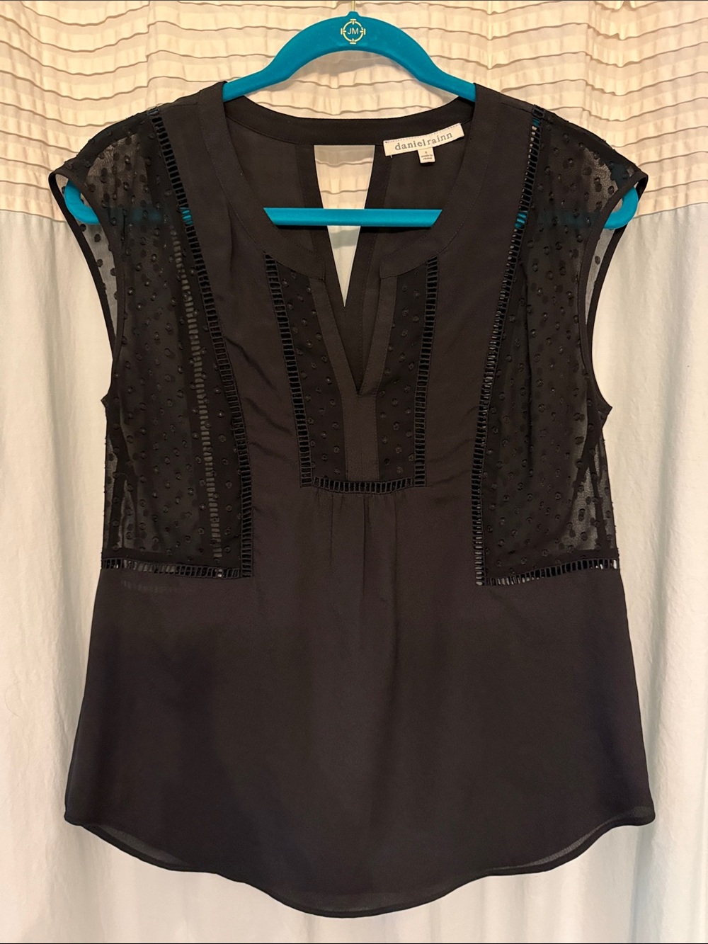 Daniel Rainn Black Sheer-Dot Cap Sleeve V-Neck Top